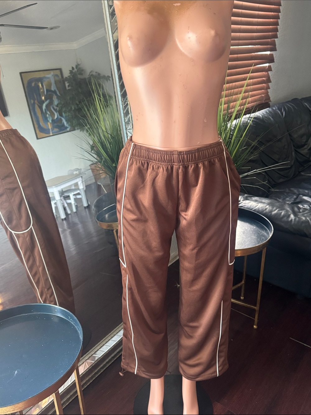Brown Men’s Athletic Track Pants with White Piping